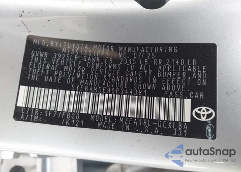 2025 Toyota Corolla Le z USA, uszkodzony, nr VIN 5YFB4MDE9SP344381